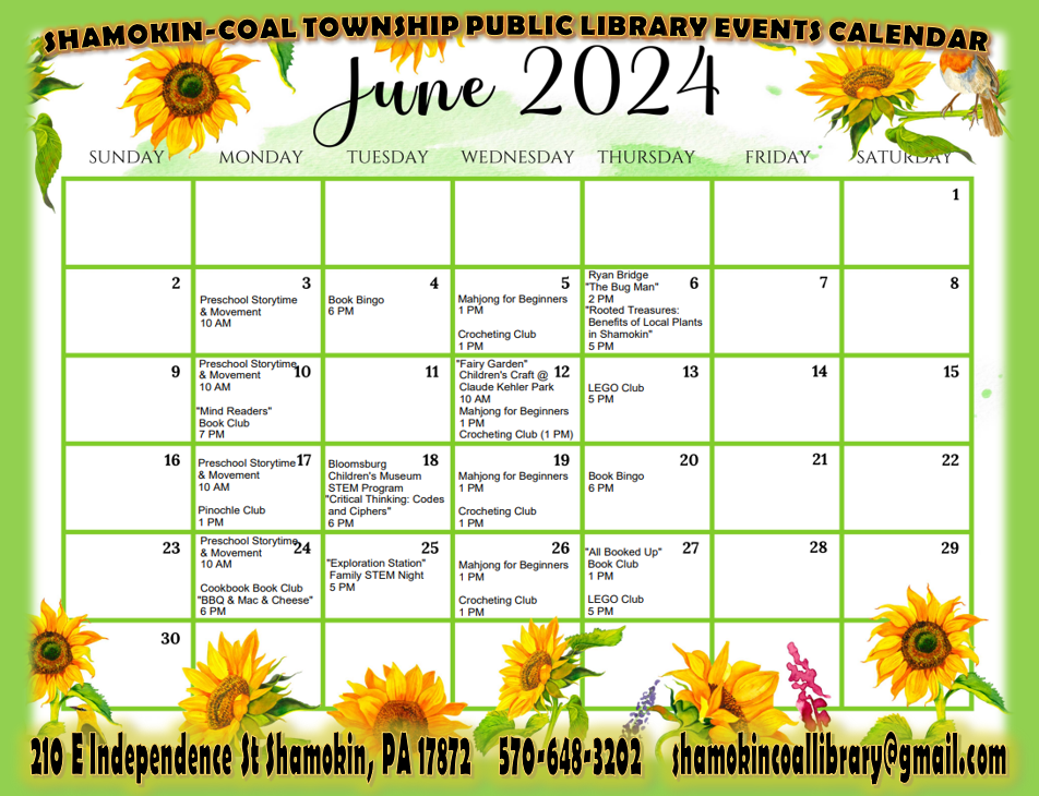 July 2024 Events Calendar ShamokinCoal Township Public Library